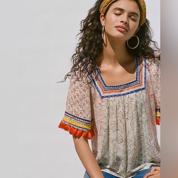 Maeve Tops - Maeve Anthropologie Paolina Tasseled Blouse Floral Square Neck Womens medium